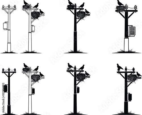 Utility pole silhouettes with birds and nests in grass, wildlife interaction vector art - flavector