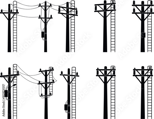 Utility pole silhouettes with ladders and transformers, electric grid vector art, maintenance infrastructure variation series - flavector