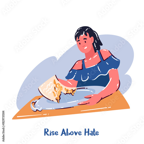 Rise Above Hate scene with a girl destroying hate words, showing calm emotion and inner strength. Hate-themed symbolic moment in simple cartoon style, vector illustration.