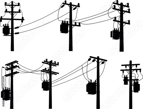 Utility pole silhouettes with transformers and insulators, electric grid vector art, infrastructure distribution series - flavector