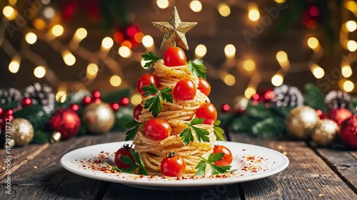 Creative Christmas Tree Shaped Spaghetti Dish with Festive Decorations.