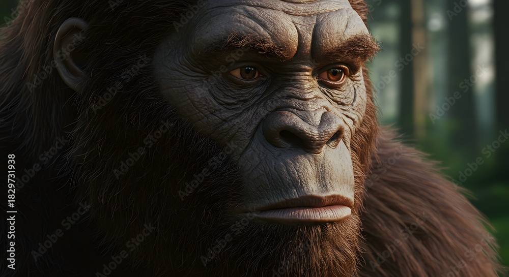 Obraz premium Digital rendering of a large, ape-like creature in a forest, gazing intently