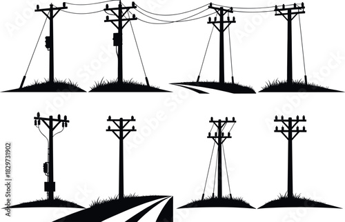 Utility pole silhouettes with transformers and wires in grassy roadside terrain, electric grid vector art - flavector