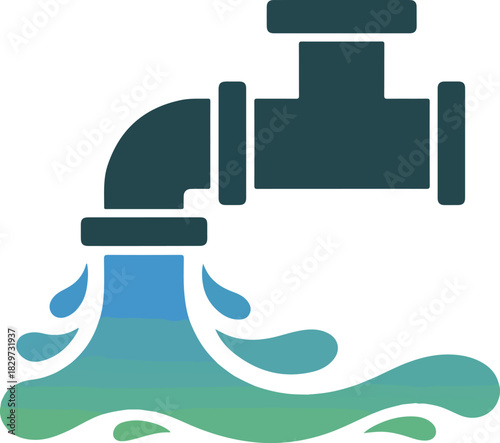Pipe vector with blue and green water gushing out representing water pollution or discharge from industrial activity