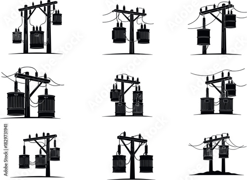 Utility pole silhouettes with transformers and wiring layouts, electric grid vector art, distribution infrastructure - flavector