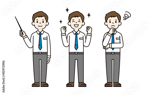 解説する・応援する・困る、ワイシャツを着た若い男性の全身ベクターイラスト素材セット＿カラー