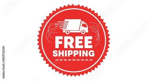Red circular stamp graphic indicating free shipping service with a delivery truck icon