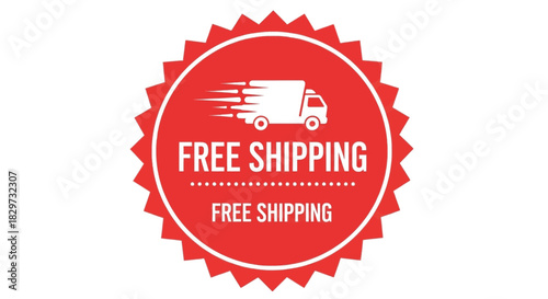 Red circular badge graphic advertising free shipping with a delivery truck icon
