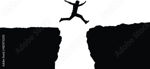Silhouette of man jumping over cliff gap, success concept, risk taking, business challenge vector on white background illustration