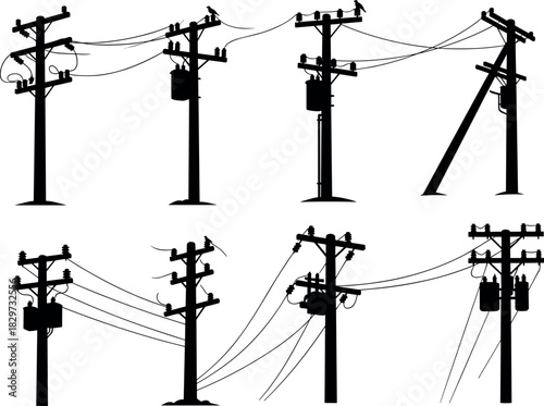 Utility pole silhouettes, power line structures, transformer configurations, electrical grid elements, infrastructure vector illustration - flavector