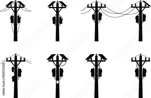 Utility pole silhouettes, transformer and insulator setups, electric grid vector art, infrastructure illustration series - flavector