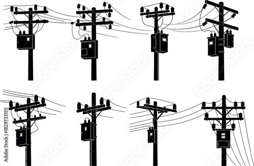 Utility pole silhouettes, transformer and equipment setups, electric grid vector art, infrastructure illustration series - flavector