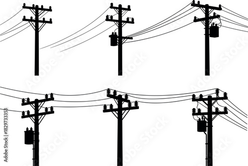 Utility pole silhouettes, transformer configurations, power line setups, electric grid vector art, infrastructure illustration - flavector
