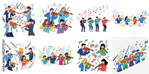 Violin Ensemble Collection: Vibrant illustrations of musicians performing classical music surrounded by musical notes and staff lines.