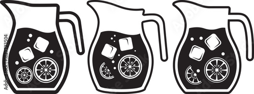 Three pitchers of refreshing lemonade with ice and citrus slices silhouette