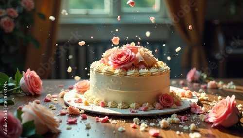 A chaotic wedding scene; cake smashed, flowers strewn, decorations askew, suggesting a tumultuous union  The image conveys a sense of unrestrained emotion and disorder ,  crazy,  broken