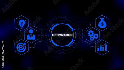 Blue digital infographic with optimization concept icons and central circular H U D display abstract