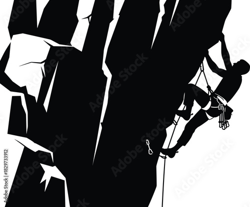 Silhouette of man rock climbing, extreme sport on cliff, mountaineering adventure, rope safety, outdoor challenge, fitness activity