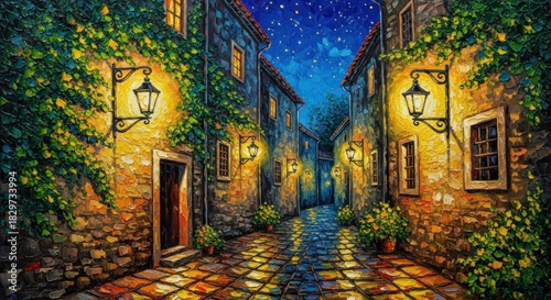 Romantic European street at night bathed in the warm glow of vintage lanterns, a timeless scene for travel, architecture, and old-world charm, art