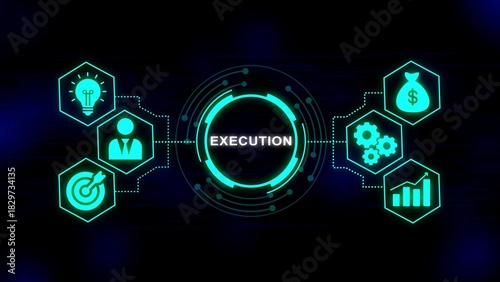 Glowing cyan abstract infographic with execution in center and icons for idea person target money gears and growth on dark blue background