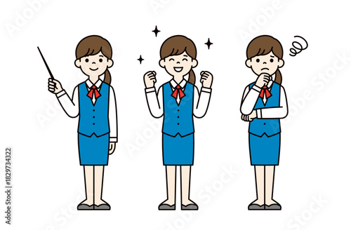 解説する・応援する・困る、制服を着た若い女性の全身ベクターイラスト素材セット＿カラー