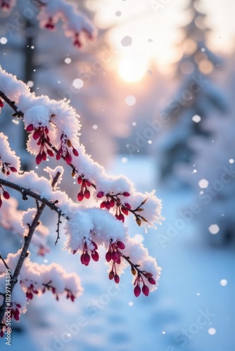 A delicate dusting of snow on frozen branches, creating a soft, rosy blush against the winter landscape Perfect for winter wonderland, holiday, and nature themes , frostbite, new year