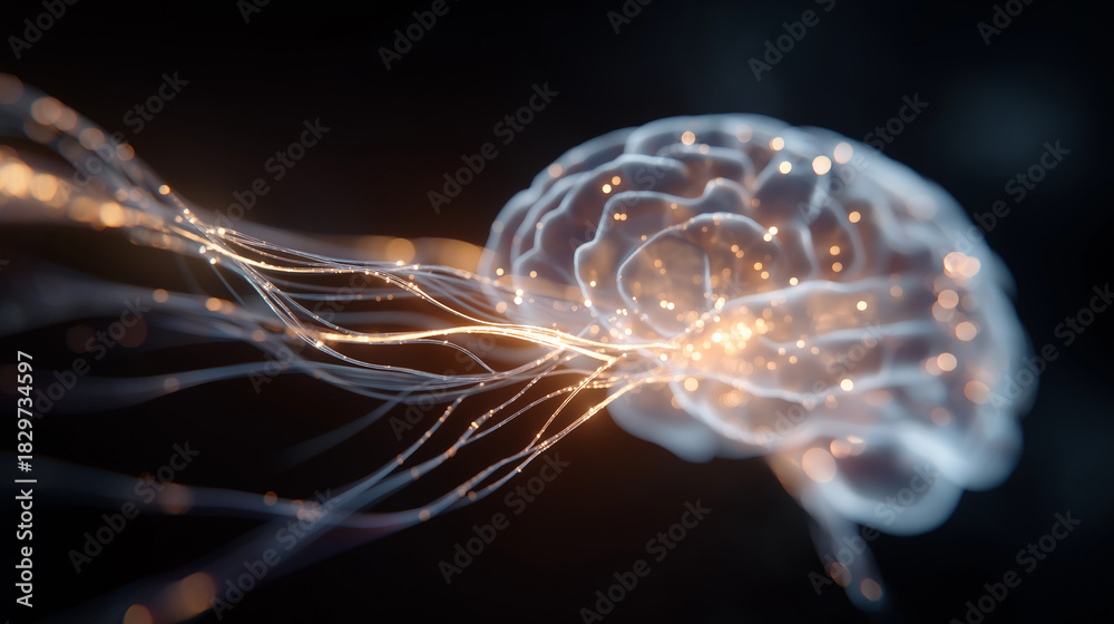 Fototapeta premium Brain Spark: A mesmerizing depiction of the human brain, illuminated with intricate neural pathways and radiant bursts of light, symbolizing intelligence and cognitive function.