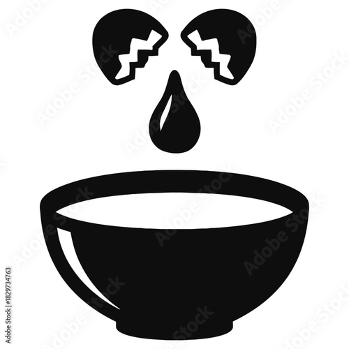 Cracked egg dropping into bowl silhouette icon baking cooking kitchenware vector