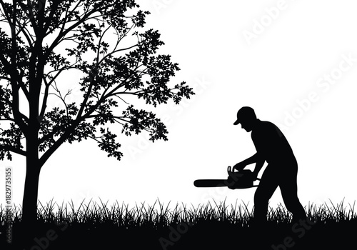 Silhouette of man using chainsaw to cut tree outdoors, nature landscaping, tree trimming, forest maintenance, gardening work concept