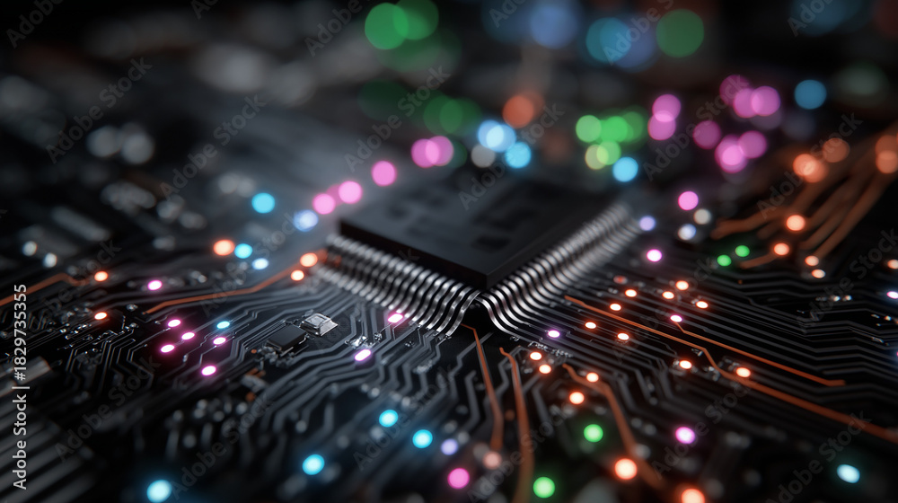Obraz premium Circuitry Crossroads: An illuminated circuit board's intricate pathways and core components showcase the complex architecture of modern technology
