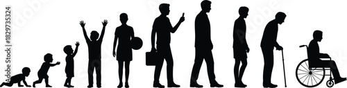 Black vector silhouettes illustrating the progressive stages of human life, from crawling baby and childhood to adult, old age, and sitting in a wheelchair