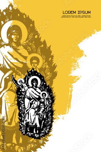 Religious vintage poster template with Burning bush. The Unburnt Bush. Christian illustration in Byzantine style