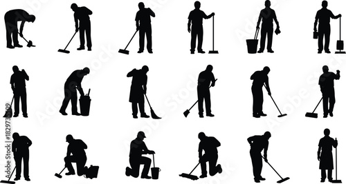 Extensive collection of black vector silhouettes illustrating cleaning staff, janitors, and workers using brooms, mops, and buckets, symbolizing maintenance and hygiene