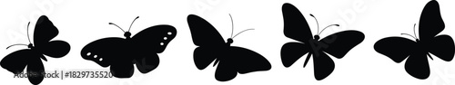 A row of five distinct black butterfly vector silhouettes shown in various flight and resting poses, symbolizing spring, transformation, and natural beauty isolated on white