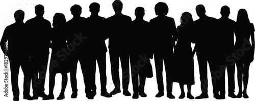 Large black vector silhouette group of diverse professional men and women standing together, symbolizing teamwork, corporate diversity, and unity in a business setting