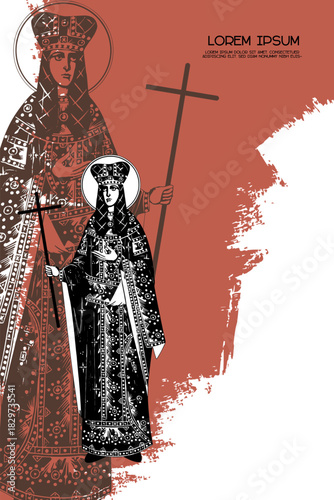 Religious vintage poster template with Saint Helena (Ana-Neda). Christian illustration in Byzantine style