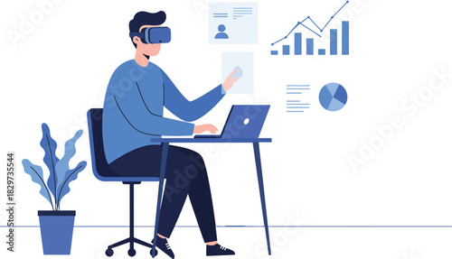 Man Wearing Virtual Reality Headset Engages with Digital Data and Analytics on Laptop at Desk