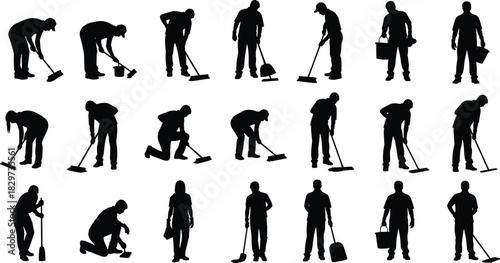 Large vector silhouette set of cleaning staff performing various tasks like sweeping, mopping, and carrying buckets, representing janitorial service and household chores isolated on white