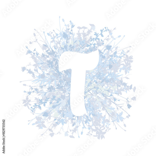 Easter, spring family floral monogram in pastel colors. White letter T on white background