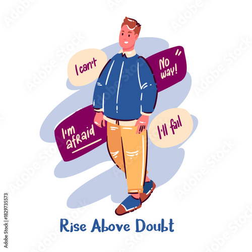 Rise Above Doubt scene with a confident man ignoring negative thoughts, doubt overcome, emotional uplift, simple cartoon doodle style, vector illustration