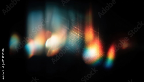 Defocused Abstract Retro Film Analog Effect With A Warm Rainbow Crystal Light Leaks On Black Background For Photos Overlay Or Screen Filter.