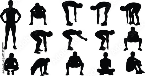Set of Silhouette Vector Illustrations Showing a Man Performing Various Stretching, Squatting, and Exercise Poses, Ideal for Fitness and Health Graphics