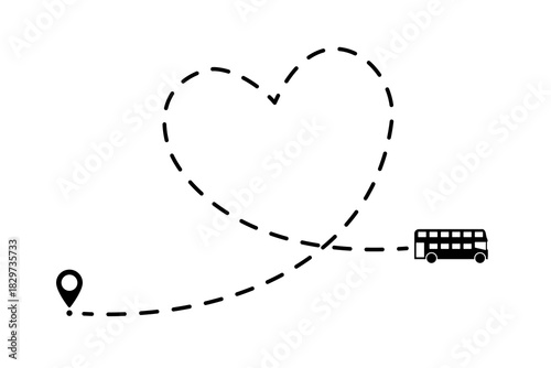 Dashed line drawing in heart form with bus, concept love travel