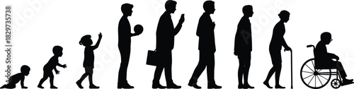 Stages of Human Male Life Cycle Silhouette from Baby Crawling to Old Man in Wheelchair Vector Graphic Illustration Set