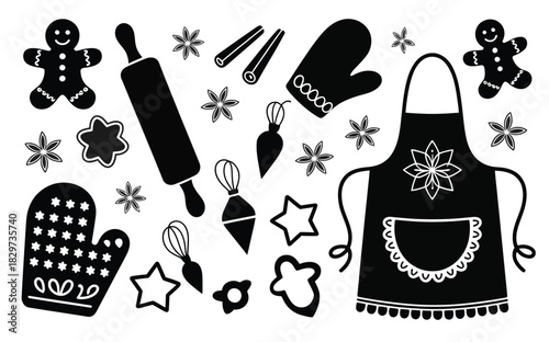 Black and white illustration of baking utensils and christmas cookies