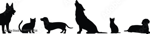 Vector black silhouette collection featuring diverse domestic pets, including dogs, cats, a howling wolf, and a dachshund, representing a variety of companion animals isolated on white