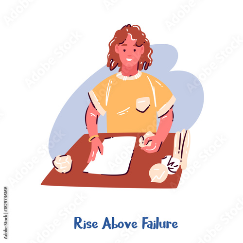 Rise Above Failure scene with a person starting fresh over a blank page, symbolizing overcoming failure and retrying. Simple cartoon doodle style, outline illustration.