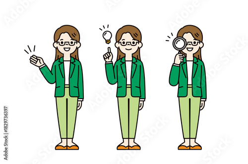 説明する・提案する・探す、パンツスーツの若い女性の全身ベクターイラスト素材セット＿カラー