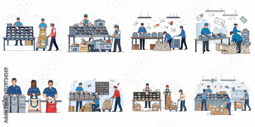 Postal workers sorting and processing mail, packages, and letters in a post office or sorting facility, illustrating global logistics and delivery service tasks.