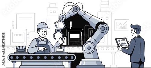Automated Production Line with Robotic Arm and Supervisor Overseeing Operations